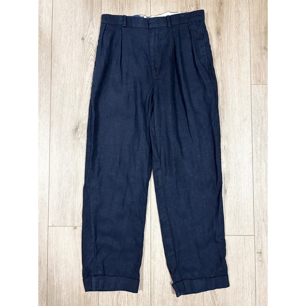Polo Ralph Lauren Mens 32x30 Navy Blue 100% Linen Pleated Cuffed Trousers Pants
